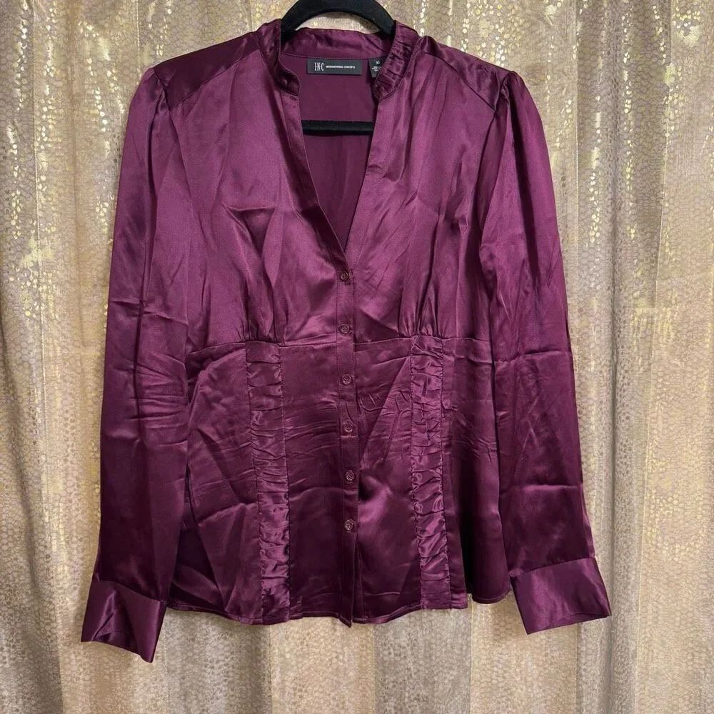 International Concepts INC 100% Silk Blouse Button Down Purple Size 10 Medium